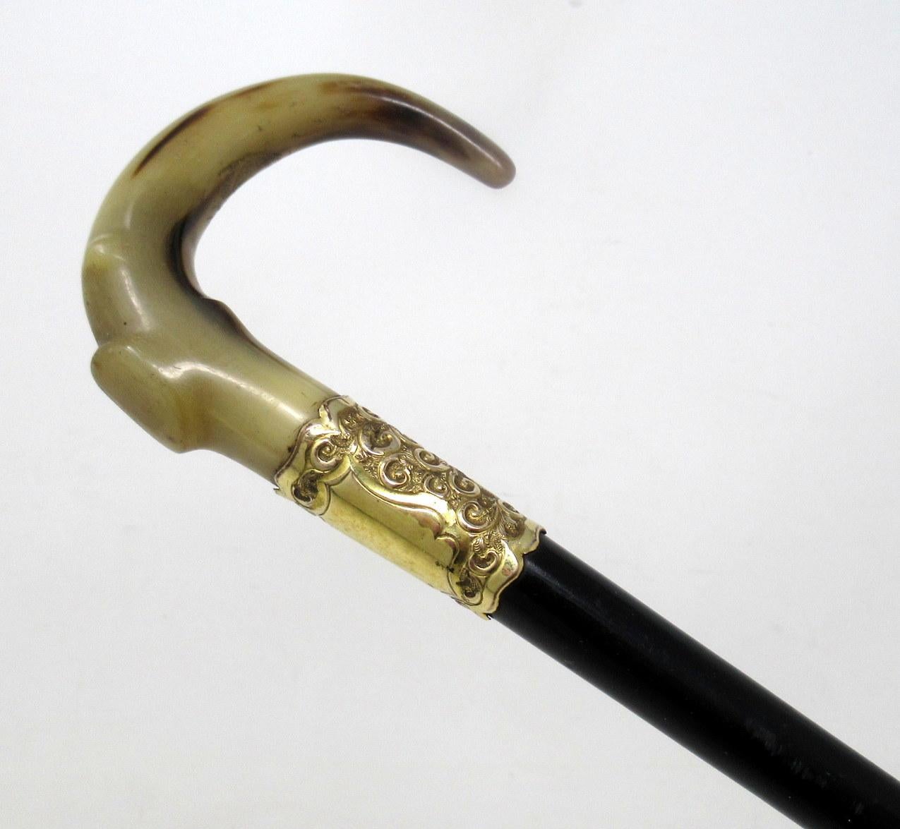 Carved Antique Vintage Ladies Gentleman's Walking Stick Gold Plated Cow Horn Handle