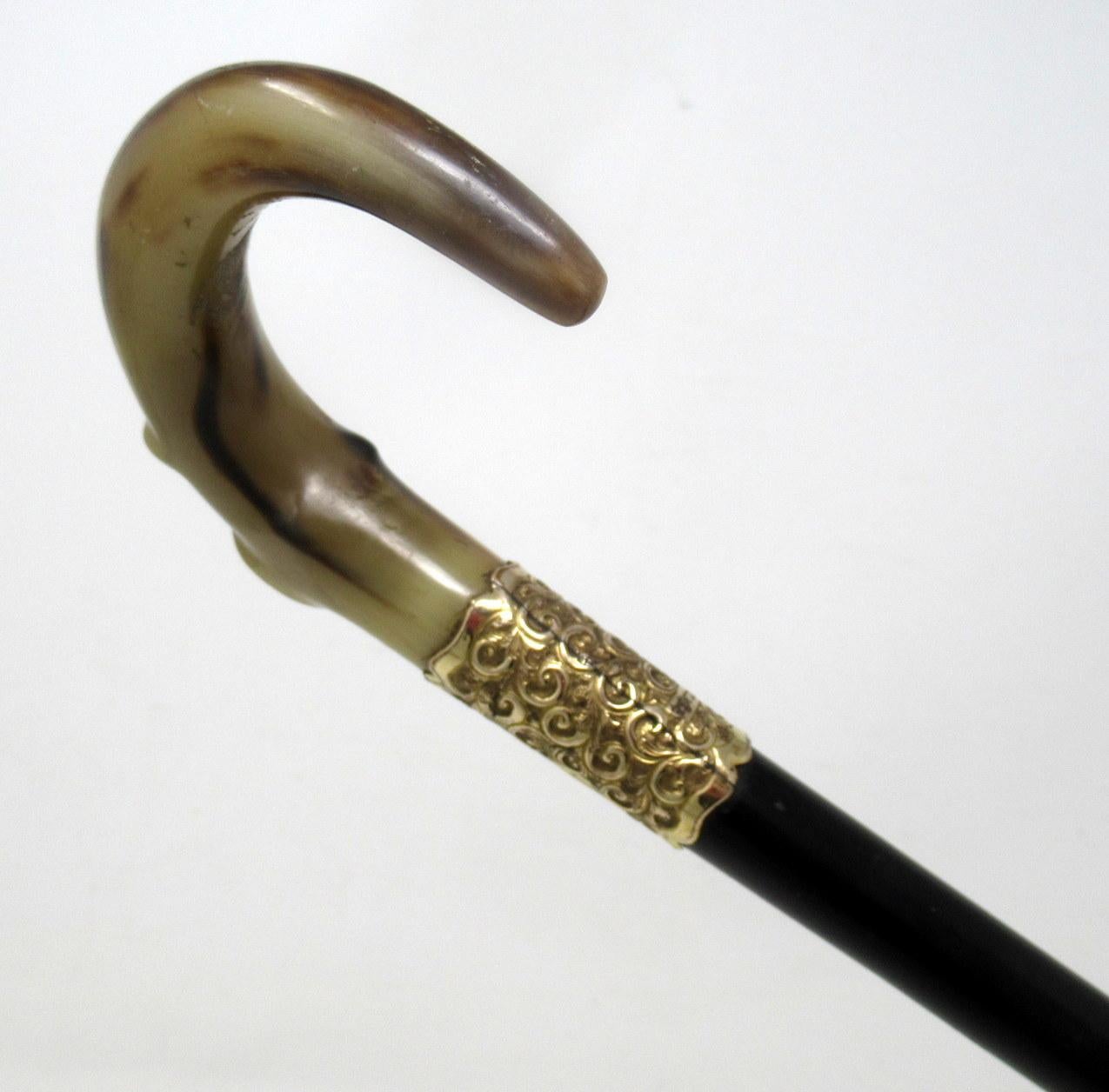 Antique Vintage Ladies Gentleman's Walking Stick Gold Plated Cow Horn Handle In Good Condition In Dublin, Ireland