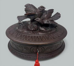 Antique Vintage Lady's Bog Oak German Jewelry Box Casket Carved Pheasants Birds