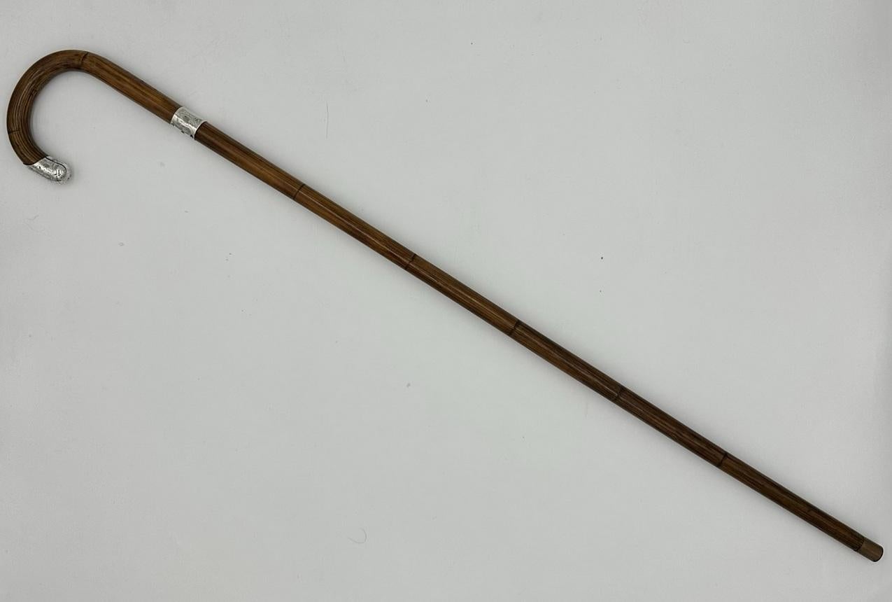 20th Century Antique Vintage Lady's Gentleman's Walking Stick Sterling Silver Crook Handle For Sale