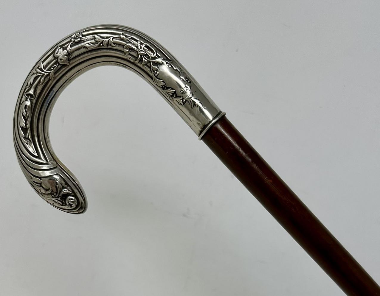 Edwardian Antique Vintage Lady's Gentleman's Walking Stick Sterling Silver Crook Handle For Sale