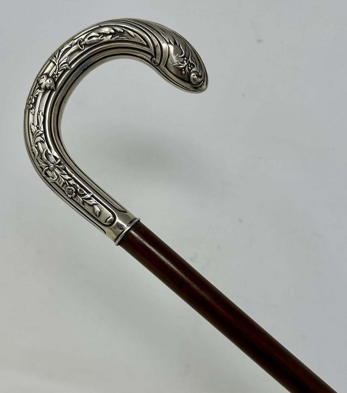 Edwardian Antique Vintage Lady's Gentleman's Walking Stick Sterling Silver Crook Handle For Sale