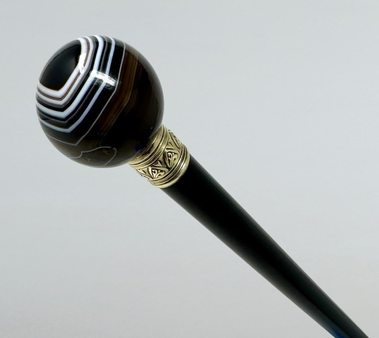 Sterling Silver Antique Vintage Ladys Gentlemans Wooden Dress Cane Walking Stick Banded Agate For Sale