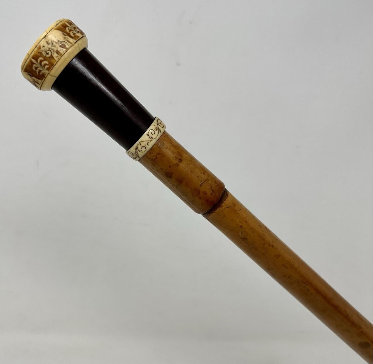 Very unusual fine quality English ladies or gentleman’s walking stick or dress cane, last quarter of the Nineteenth Century. 

The entire shaft in chunky stepped Malacca, the decorative grip with superbly etched bovine band and mount, complete