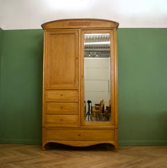 Antique Vintage Large French Art Nouveau Light Wood Wardrobe, early 20th Century