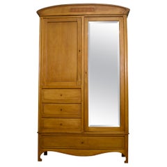 Antique Vintage Large French Art Nouveau Light Wood Wardrobe, early 20th Century