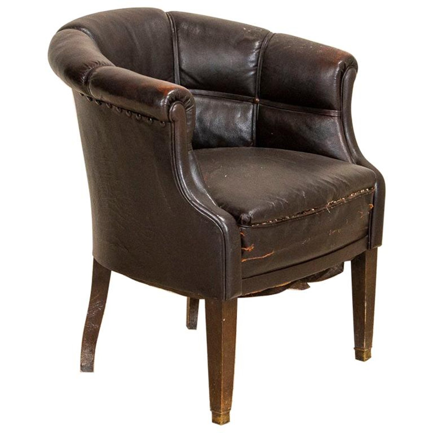 Antique Vintage Leather Barrel Shaped, Leather Chair Vintage