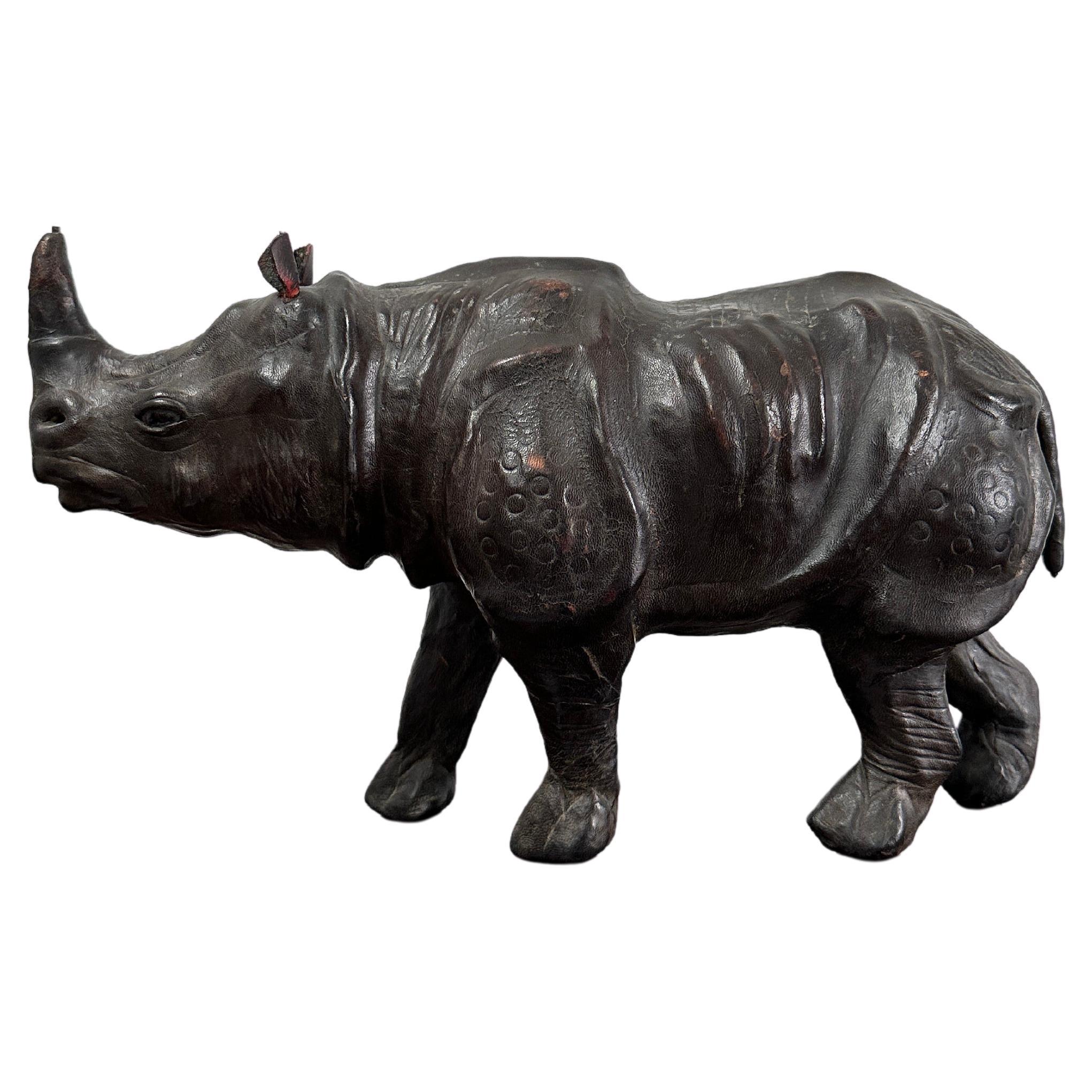 Antique Vintage Leather Wrapped Rhino Maquette Animal Sculpture