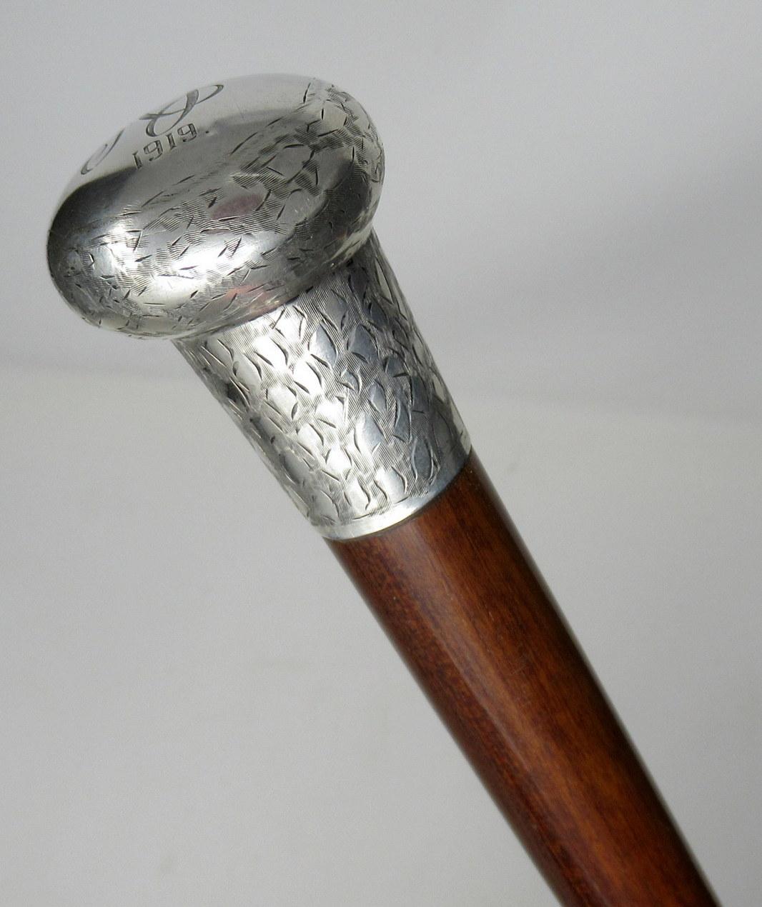 Embossed Antique Vintage Malaca Walking Stick Cane Sterling Silver Handle London 1919