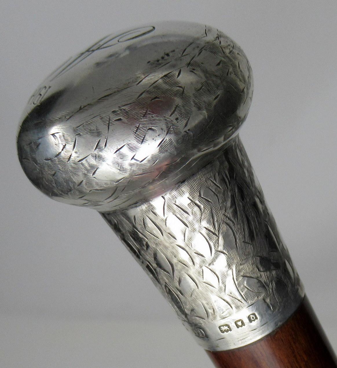 20th Century Antique Vintage Malaca Walking Stick Cane Sterling Silver Handle London 1919