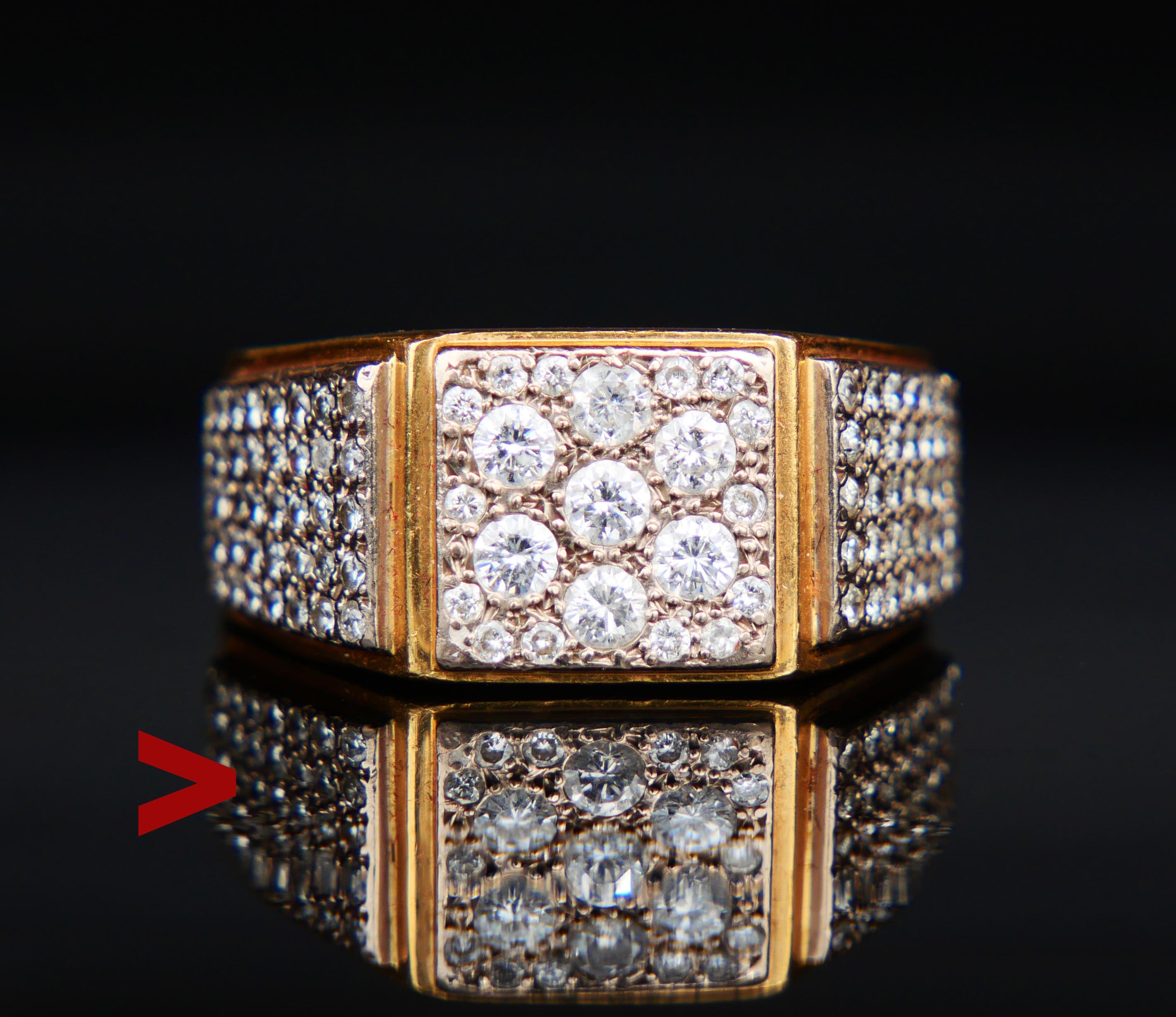 Luxurious and Massive Antique or Vintage Men's Ring in solid 18K Yellow Gold with 101 diamond cut Diamonds pave set into Platinum / or white Gold clusters.

Seven larger Diamonds' Ø 3mm / 0.11 ct each; 94 ca 1.3mm/0.01ct each.

Total weight of the