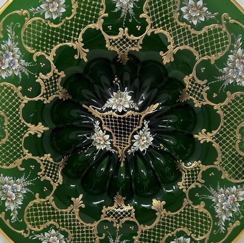 Edwardian Antique Vintage Moser Bohemian Emerald Green Enameled and Gilt Glass Centerpiece