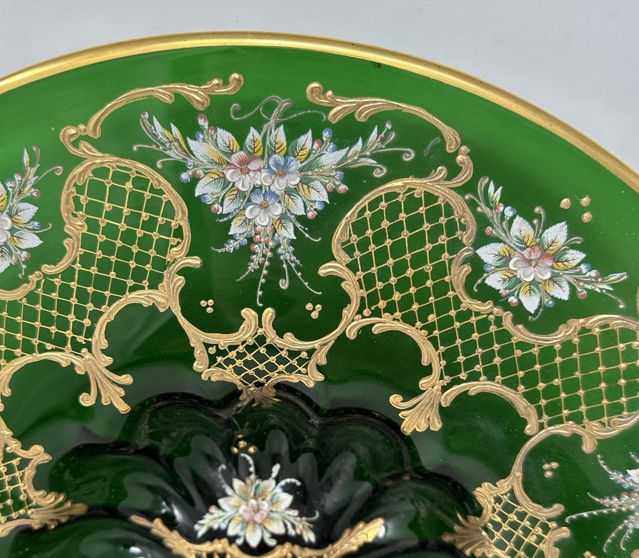 Czech Antique Vintage Moser Bohemian Emerald Green Enameled and Gilt Glass Centerpiece