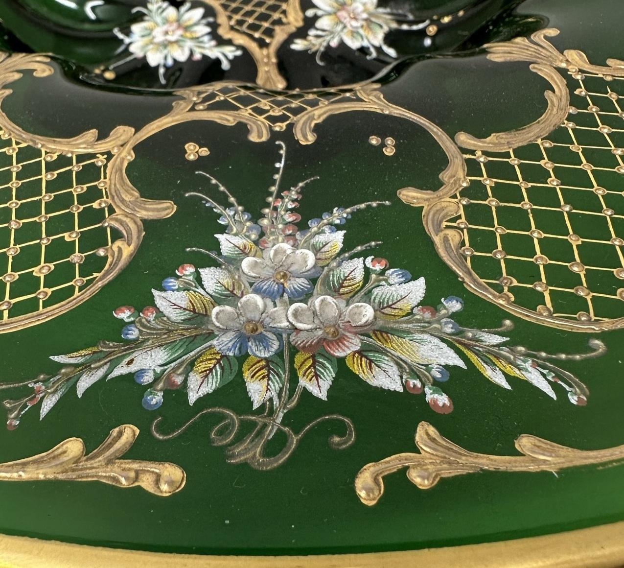 Polished Antique Vintage Moser Bohemian Emerald Green Enameled and Gilt Glass Centerpiece