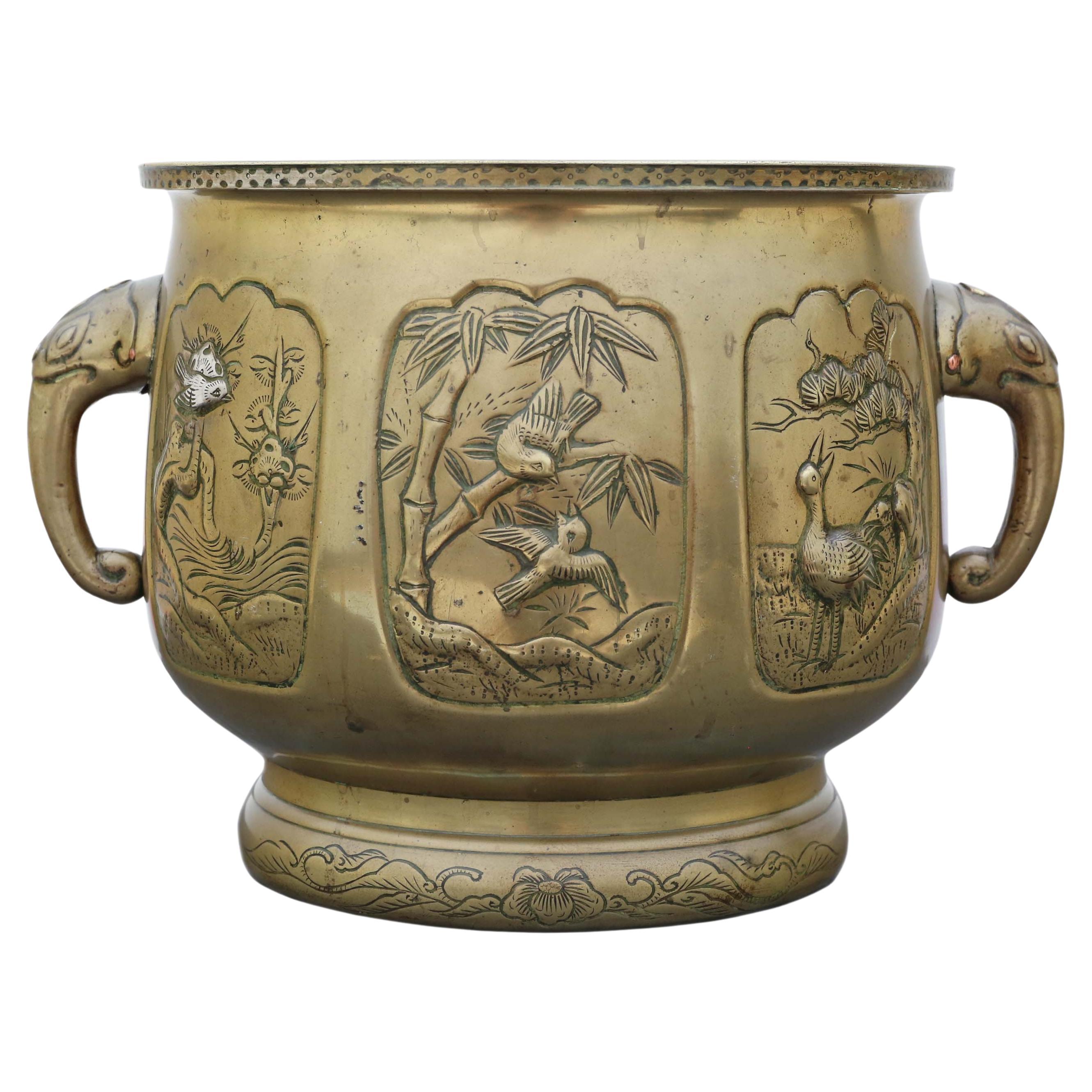 Antique Vintage Oriental Japanese Large Bronze Bowl Planter Jardinière, C1925 For Sale