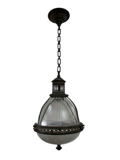 Antique Vintage Original French Caged Holophane Ceiling Pendant Light Lamp