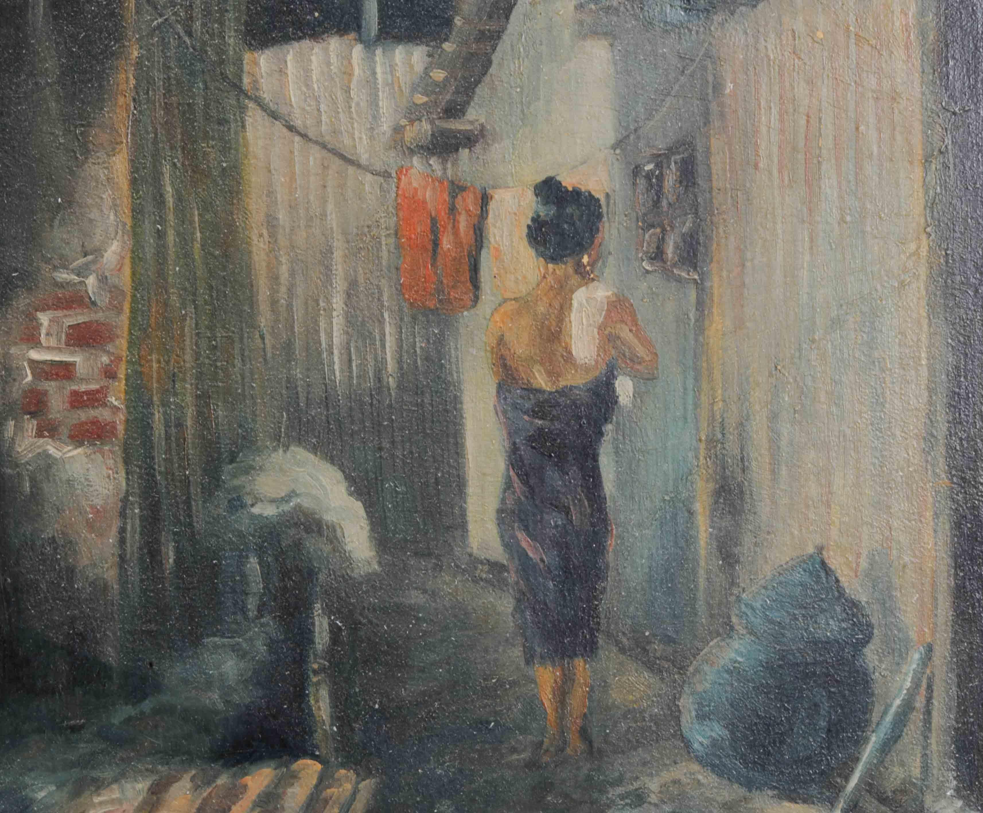 Edo Antique / Vintage Painting Indonesia Bali / Indonesia Lady in Village Scene For Sale
