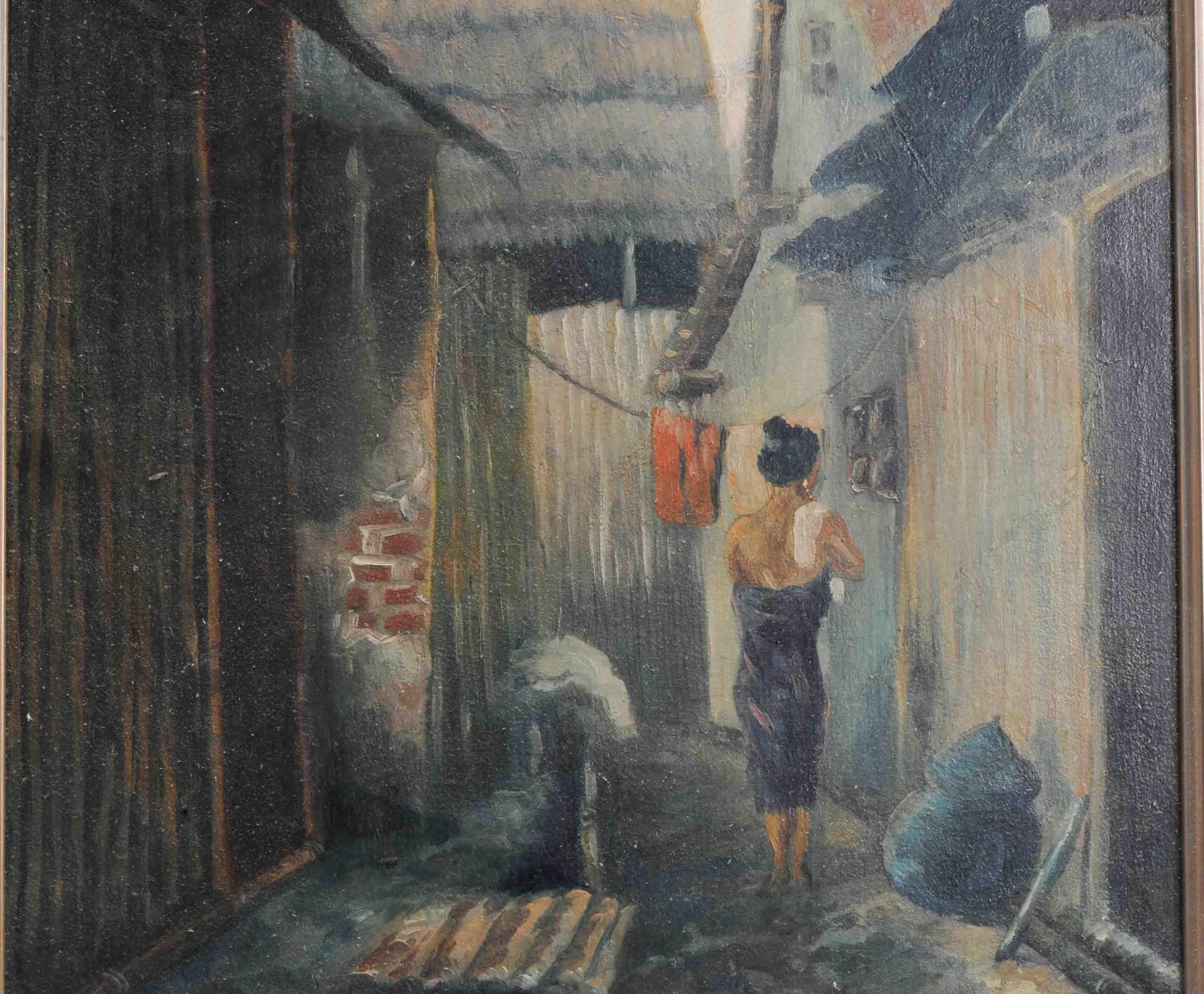 Silk Antique / Vintage Painting Indonesia Bali / Indonesia Lady in Village Scene For Sale