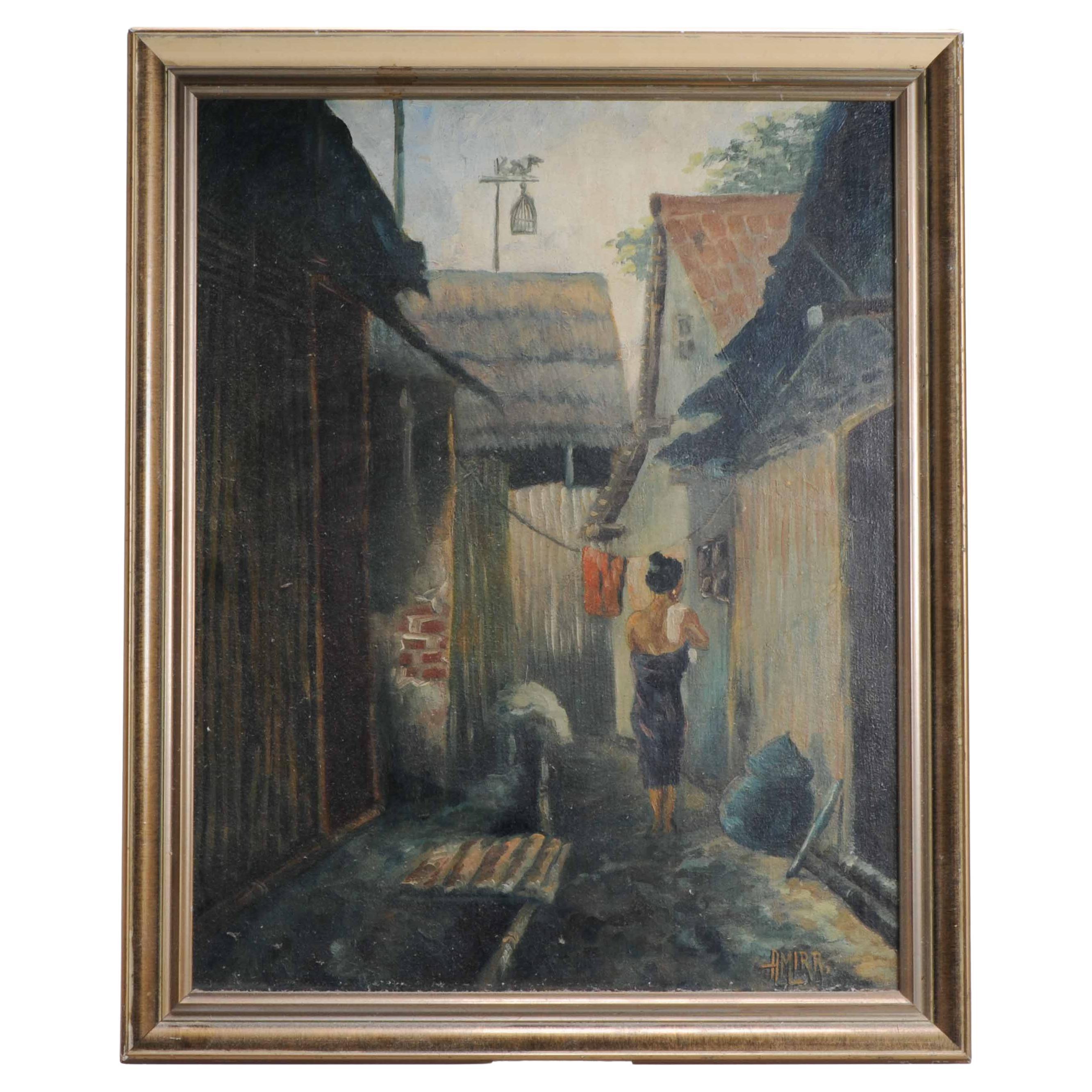 Antique / Vintage Painting Indonesia Bali / Indonesia Lady in Village Scene For Sale