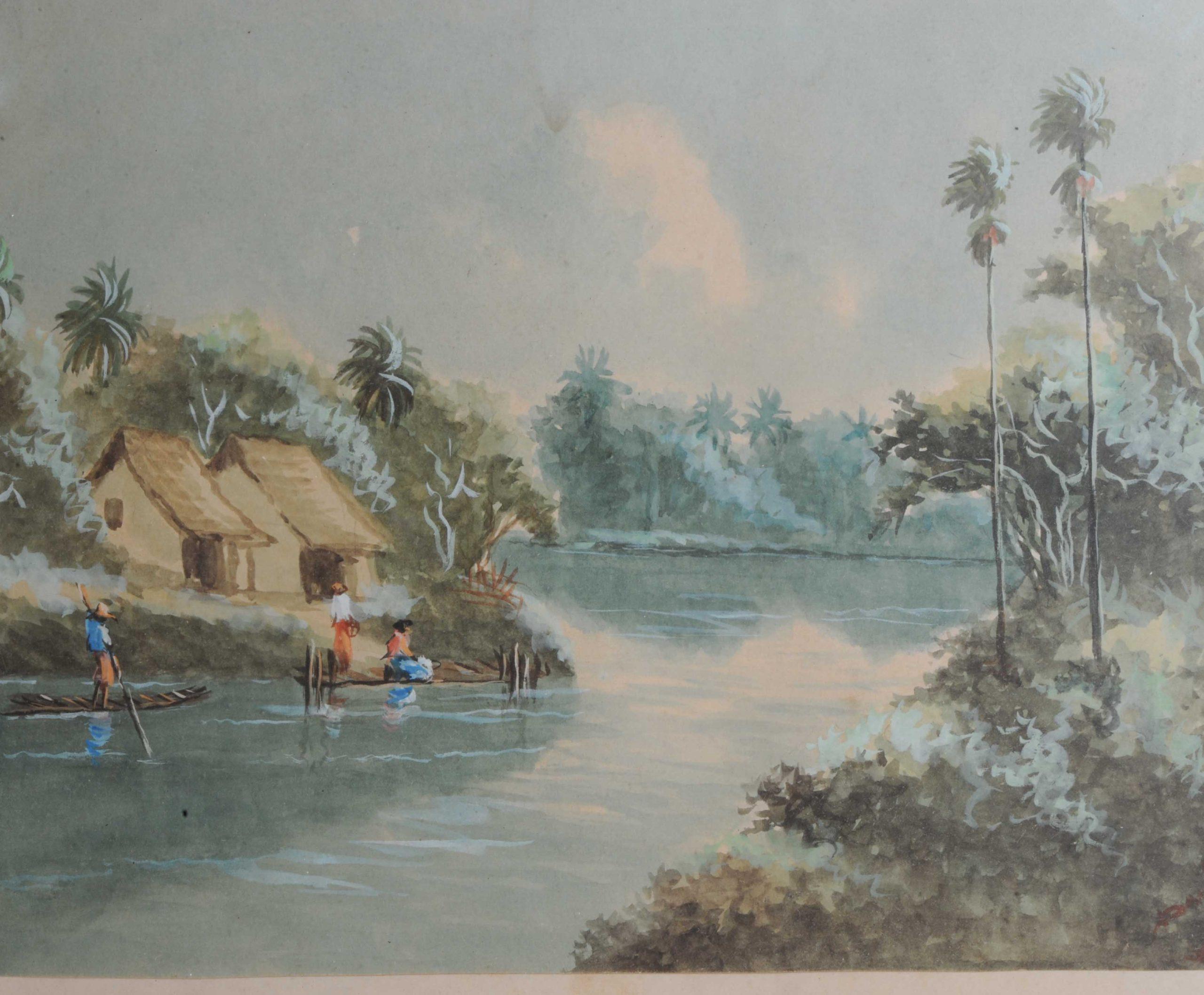 Antikes Vintage-Gemälde Indonesien Bali – Dame in Dorfszene, 20. Jahrhundert (Indonesisch) im Angebot