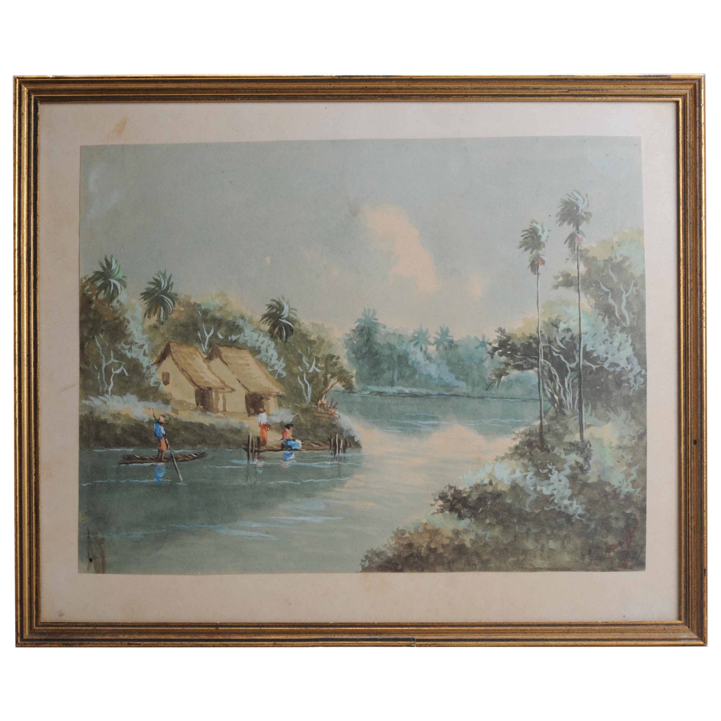 Antique Vintage Painting Indonesia Bali - Lady in Village Scene, 20th Century