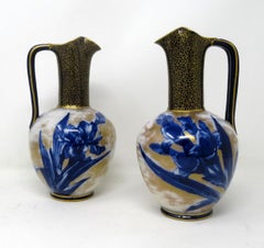 Antique Vintage Pair of Royal Doulton Burslem Cobalt Blue Iris Flower Ewers