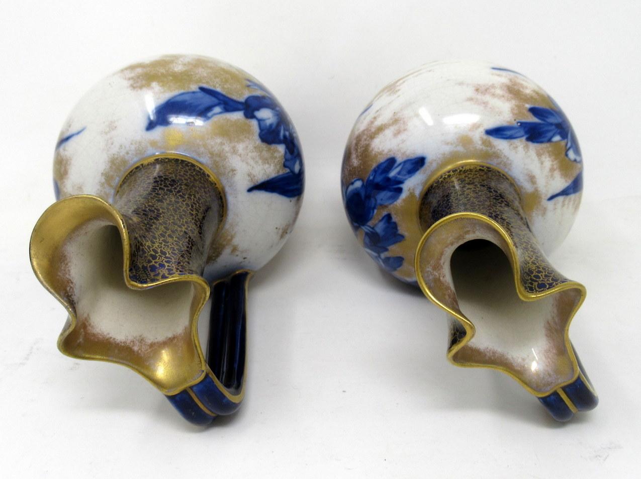 English Antique Vintage Pair of Royal Doulton Burslem Cobalt Blue Iris Flower Ewers