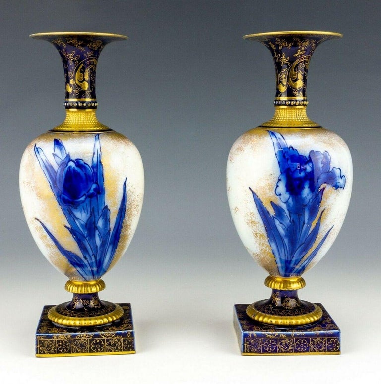 Antique Vintage Pair English Royal Doulton Burslem Cobalt Blue Iris