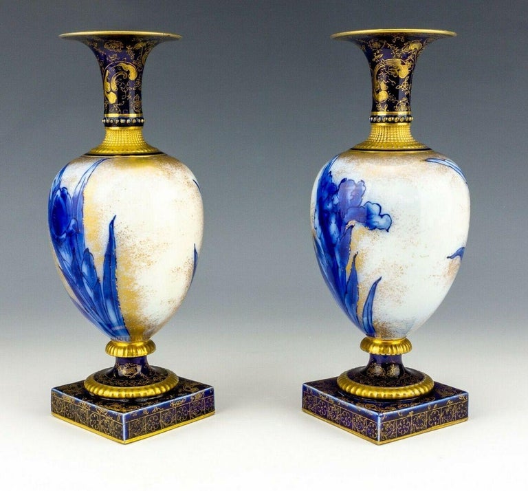 Antique Vintage Pair English Royal Doulton Burslem Cobalt Blue Iris