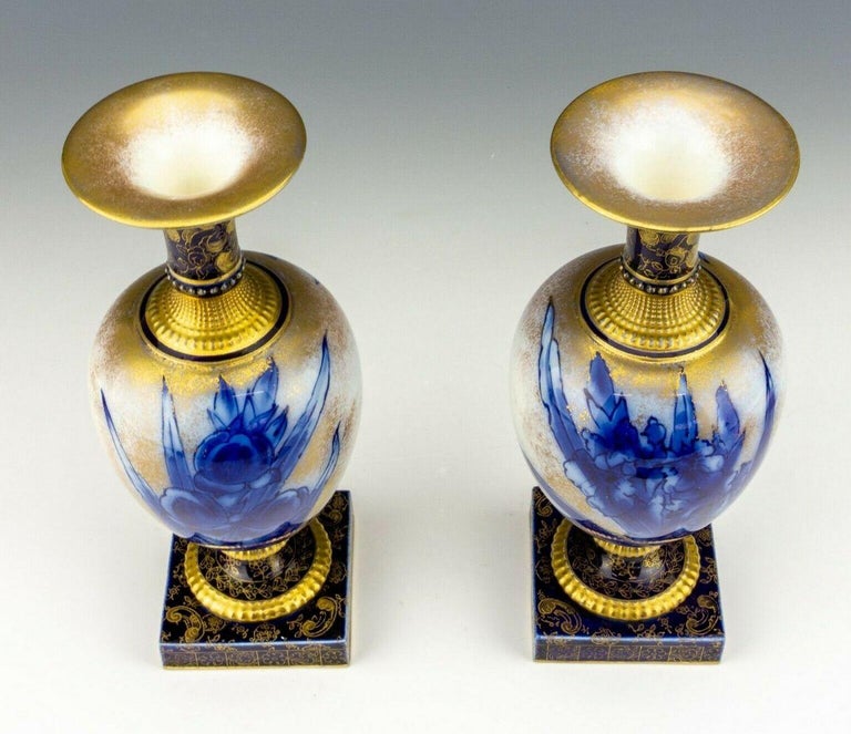 Antique Vintage Pair English Royal Doulton Burslem Cobalt Blue Iris