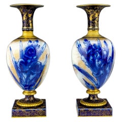 Antique Vintage Pair English Royal Doulton Burslem Cobalt Blue Iris Flower Vases