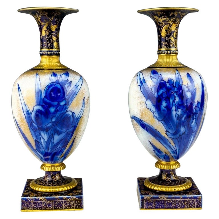 Antique Vintage Pair English Royal Doulton Burslem Cobalt Blue Iris