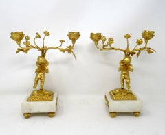 Antique Vintage Pair of French Marble Gilt Bronze Dore Candelabra Candlesticks