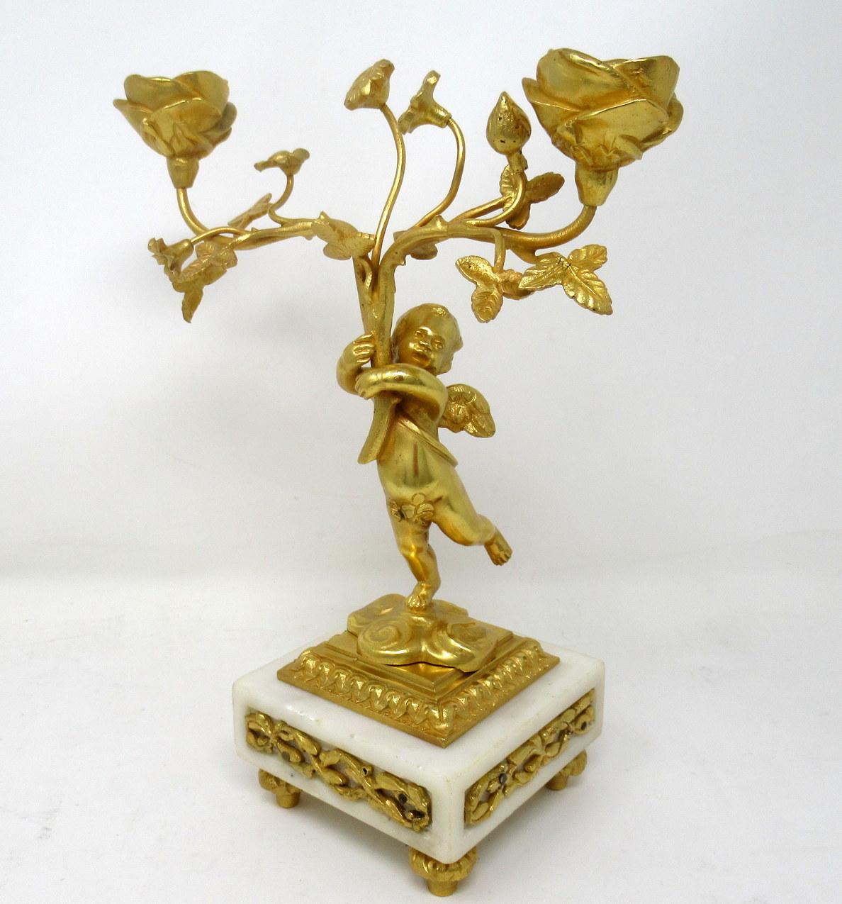 Grand Tour Antique Vintage Pair of French Marble Gilt Bronze Dore Candelabra Candlesticks