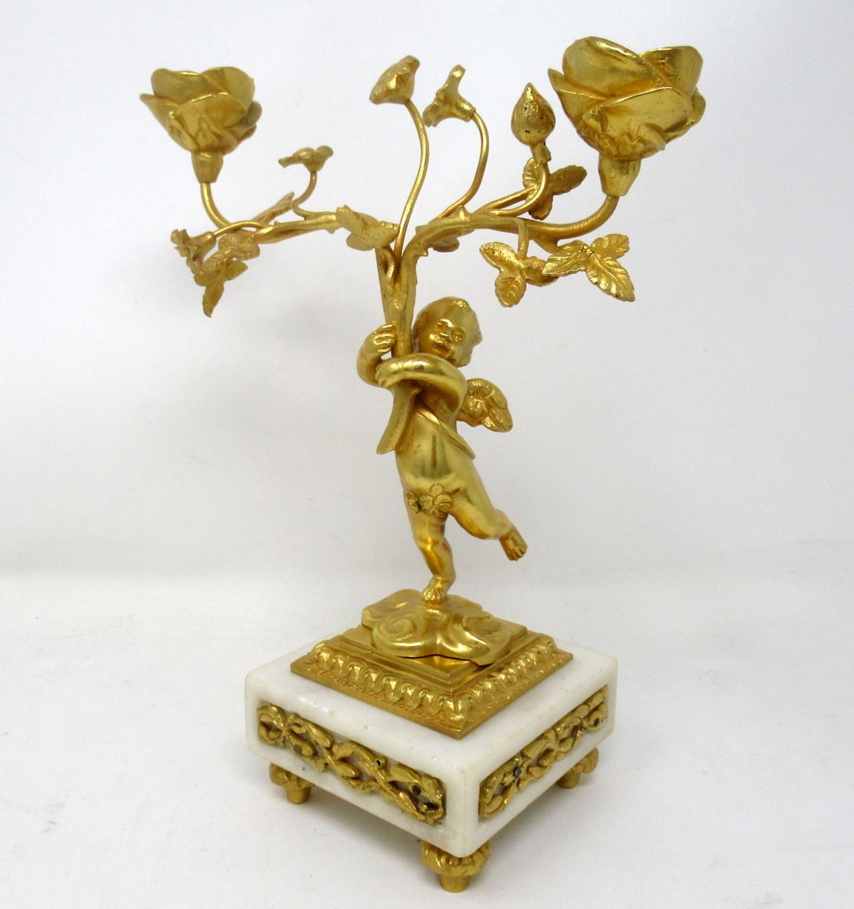 Antique Vintage Pair of French Marble Gilt Bronze Dore Candelabra Candlesticks In Good Condition In Dublin, Ireland
