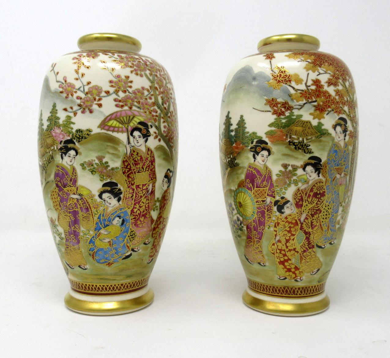 An exceptionally fine pair of japanese Satsuma hand painted porcelain vases of outstanding quality. First quarter of the twentieth century, late Meiji Period.

Of ovoid form, each hand painted in a garden setting with a continuous scene of
