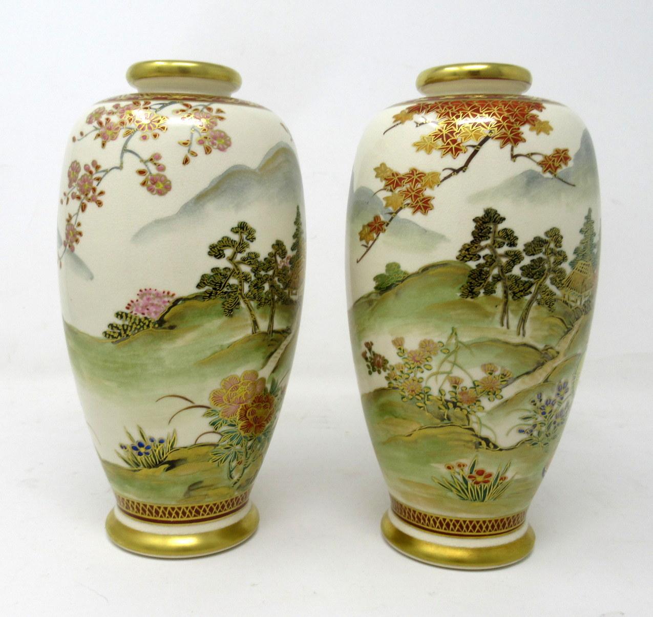Ceramic Antique Vintage Pair Japanese Hand Painted Gilt Vases Meiji Period Japan Figures