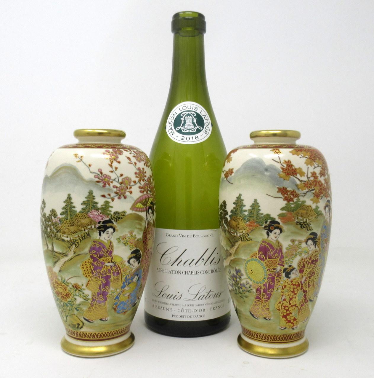 Antique Vintage Pair Japanese Hand Painted Gilt Vases Meiji Period Japan Figures 1