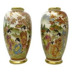 Antique Vintage Pair Japanese Hand Painted Gilt Vases Meiji Period Japan Figures