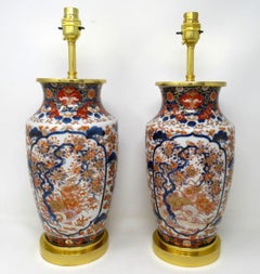 Antique Vintage Pair of Imari Porcelain Ormolu Table Lamps Cobalt Blue Red