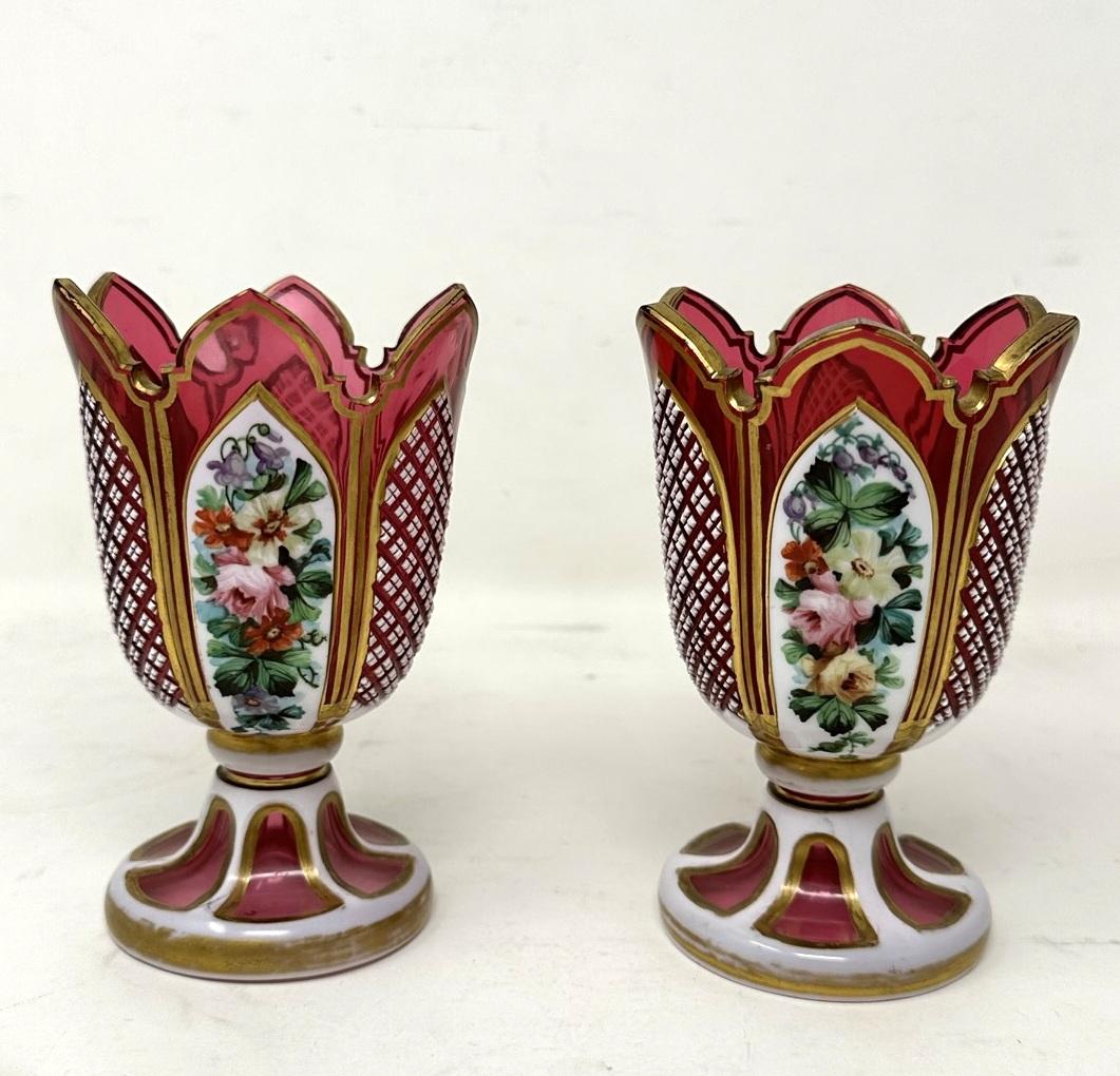 Edwardian Antique Vintage Pair Moser Style Bohemian Hand Cut Crystal Ruby Cranberry Vases For Sale