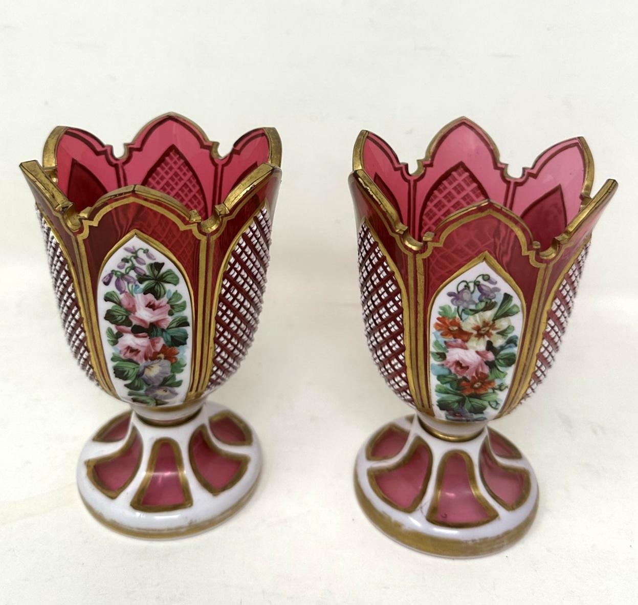 Czech Antique Vintage Pair Moser Style Bohemian Hand Cut Crystal Ruby Cranberry Vases For Sale