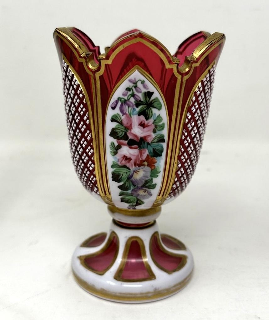 Polished Antique Vintage Pair Moser Style Bohemian Hand Cut Crystal Ruby Cranberry Vases For Sale