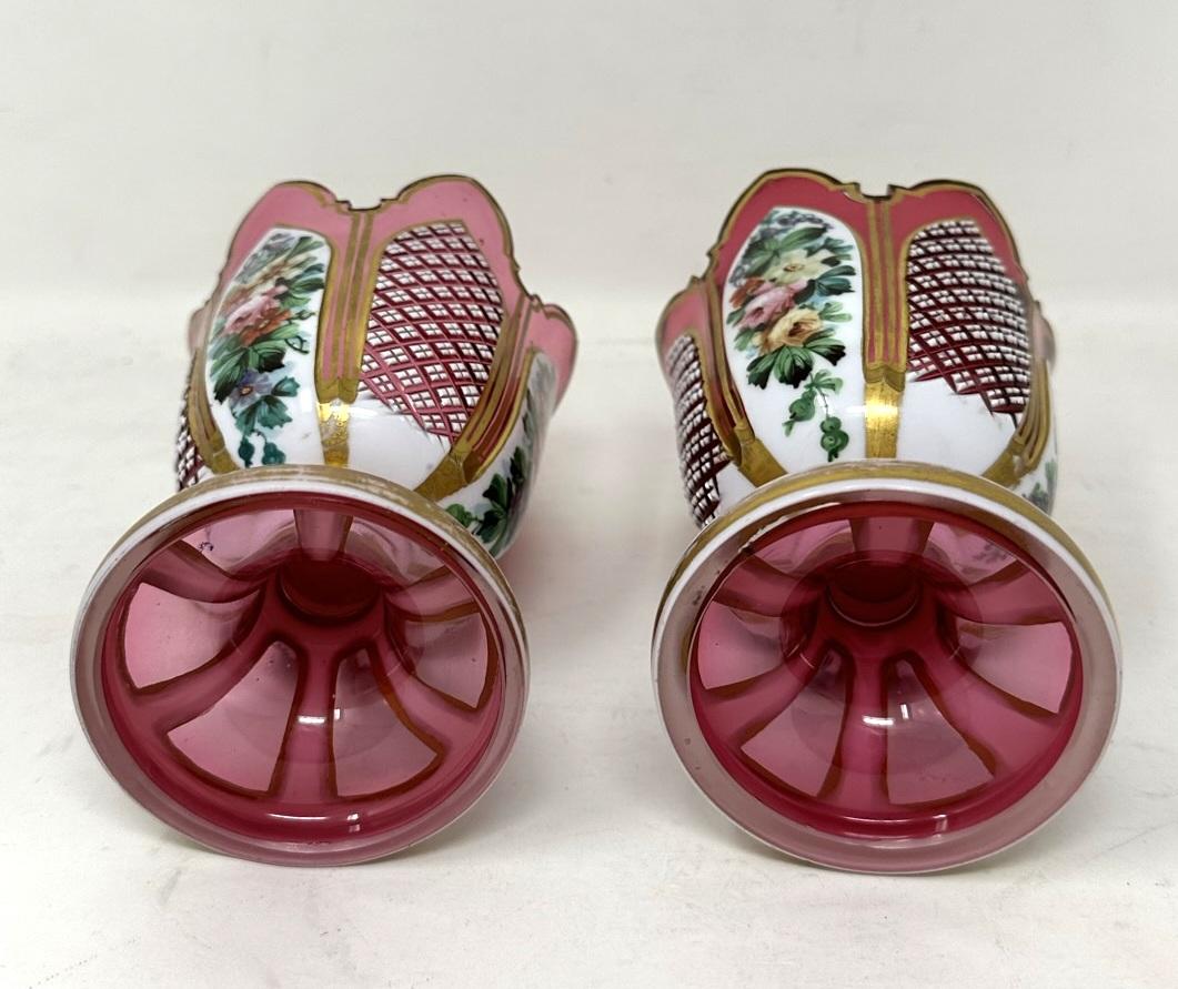 Antique Vintage Pair Moser Style Bohemian Hand Cut Crystal Ruby Cranberry Vases In Good Condition For Sale In Dublin, Ireland
