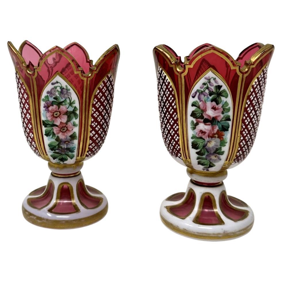 Antique Vintage Pair Moser Style Bohemian Hand Cut Crystal Ruby Cranberry Vases For Sale