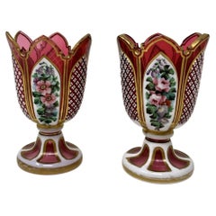 Antique Vintage Pair Moser Style Bohemian Hand Cut Crystal Ruby Cranberry Vases