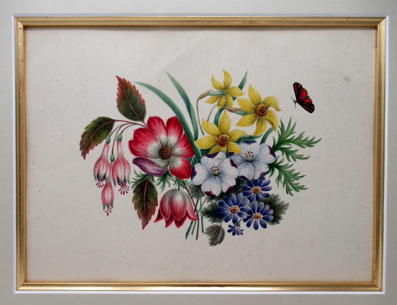 Antique Vintage Pair of English Watercolor Paintings Still Life of Flowers Gilt In Good Condition In Dublin, Ireland