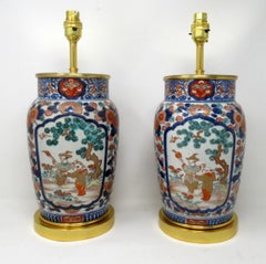 Antique Vintage Pair of Imari Porcelain Ormolu Table Lamps Cobalt Blue Red
