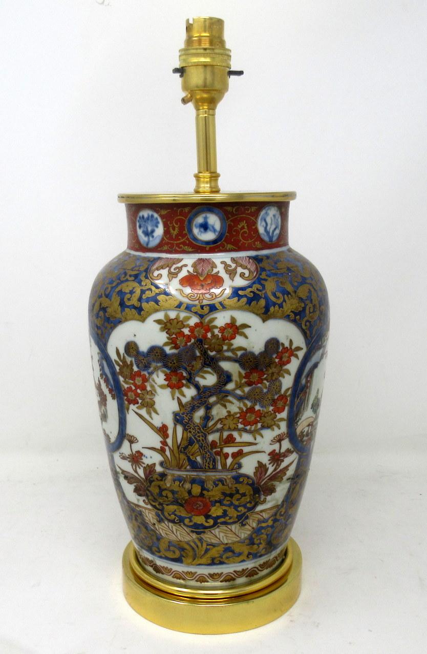Chinese Antique Vintage Pair of Japanese Imari Porcelain Ormolu Lamps Cobalt Blue Red
