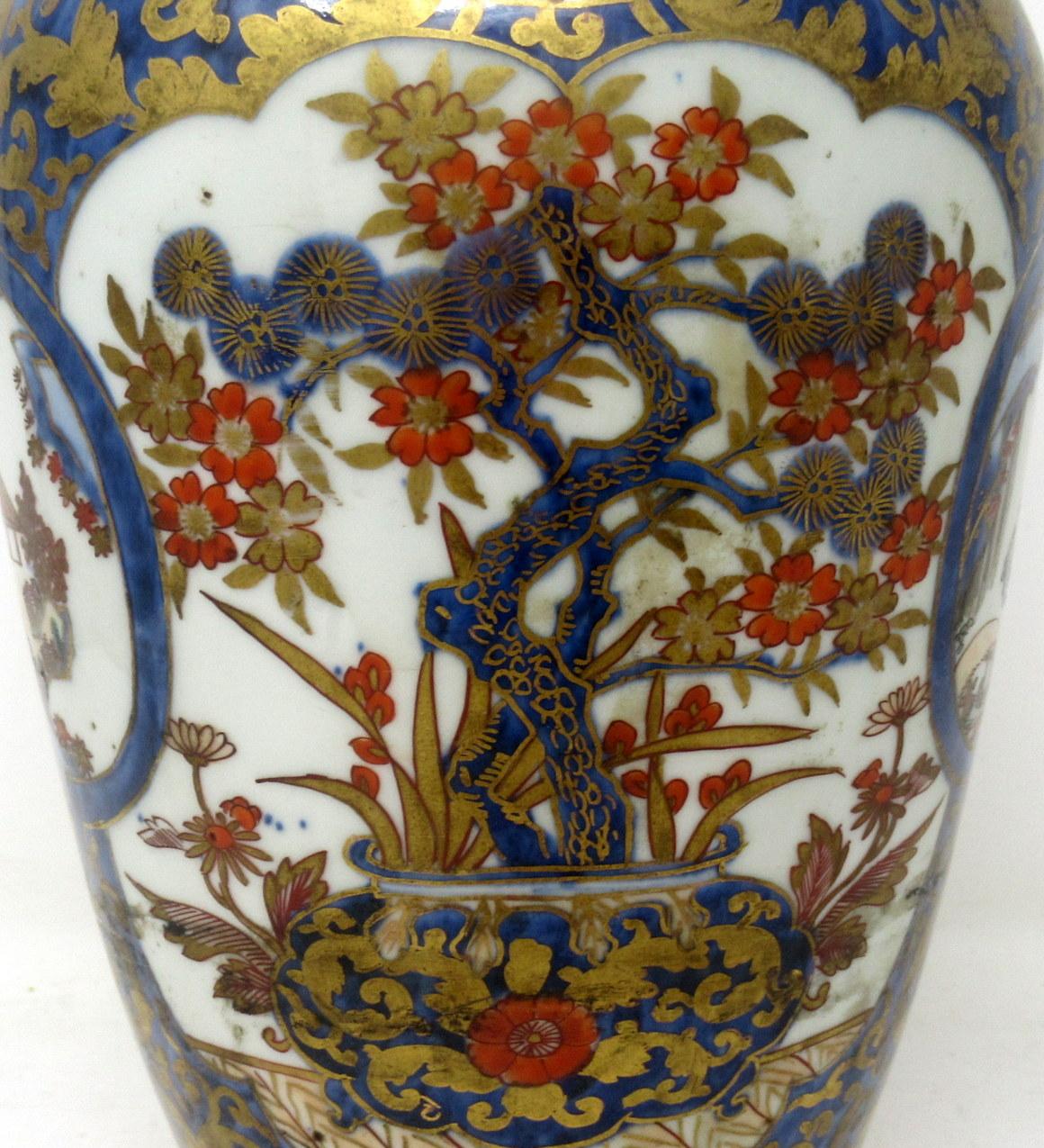 Antique Vintage Pair of Japanese Imari Porcelain Ormolu Lamps Cobalt Blue Red 1